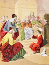 El niño Jesús debatiendo con sacerdotes y maestros en el templo